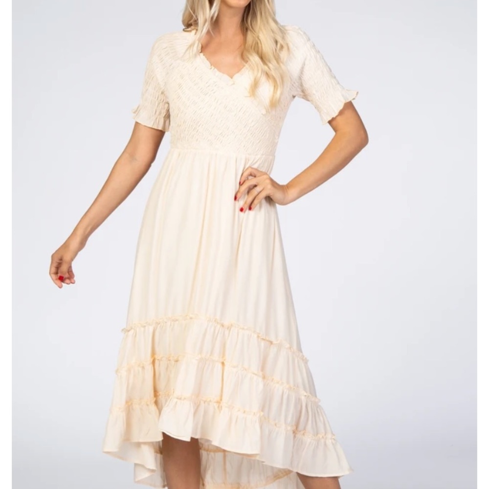 Pinkblush Cream Smocked Ruffle Hi-Lo Maternity Midi Dress